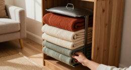 I Used A Pot Lid Organizer To Store My Blankets, And It’s Brilliant